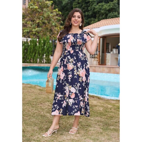 Plus Size Maxi Dress Floral Off Shoulder Empire Waist Casual Church - Picture 7 of 7